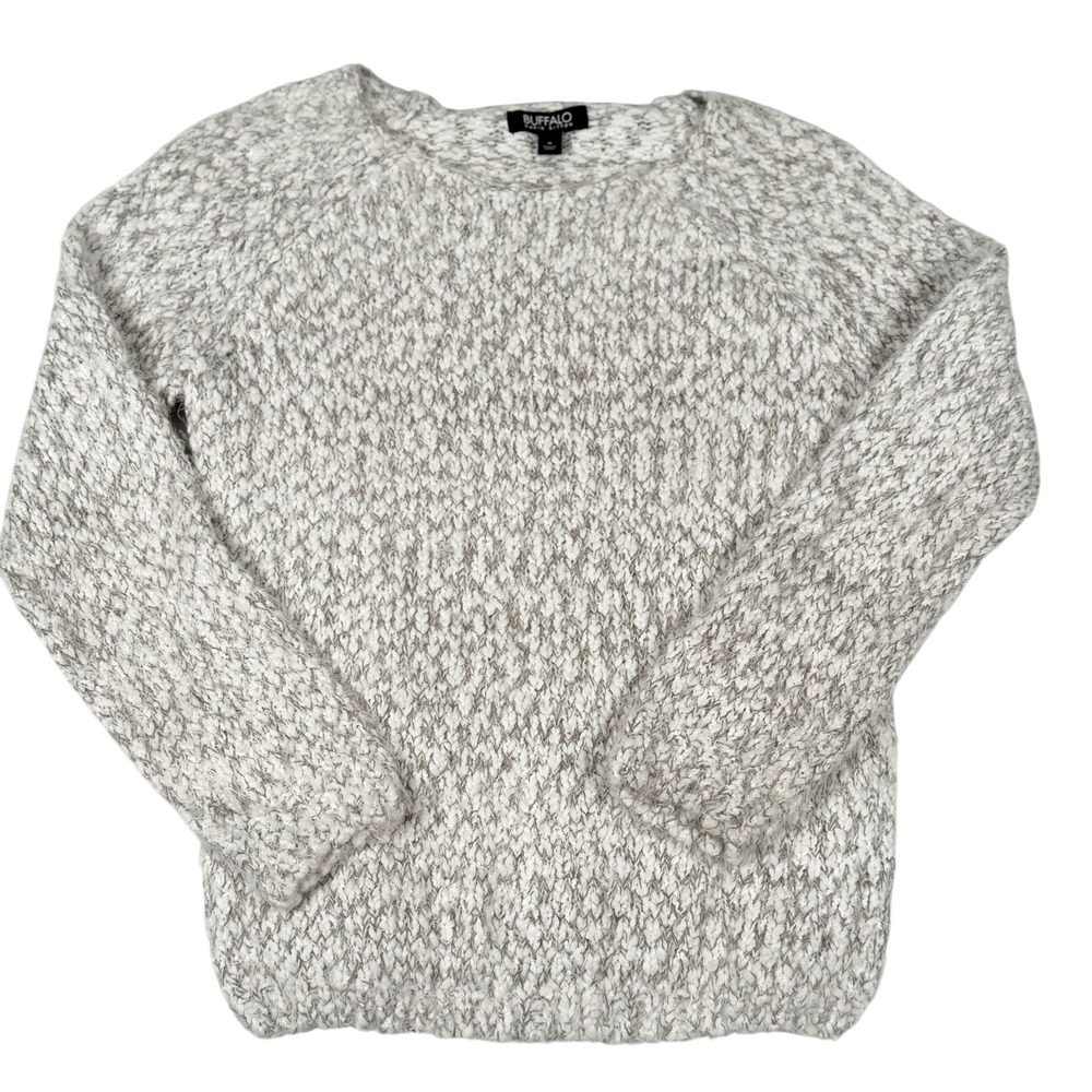 Buffalo David Bitton Sweater Medium White Gray Eyelash Fuzzy Knit Pullover Cozy
